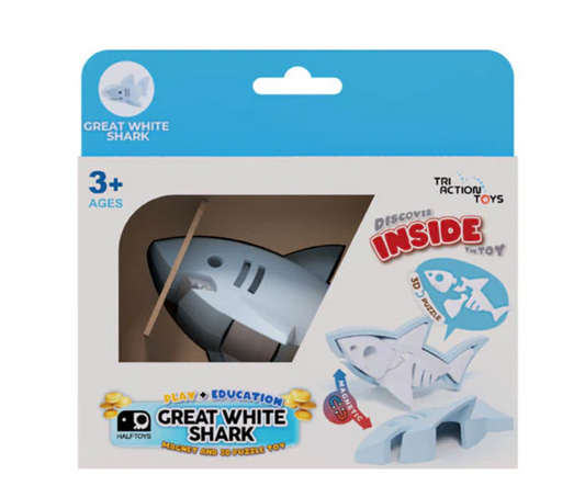 A Triaction STEM Magnetic Puzzle Toys box featuring a blue and white Great White Shark model and a small puzzle toy, designed for ages 3+, promoting play and educational benefits.
