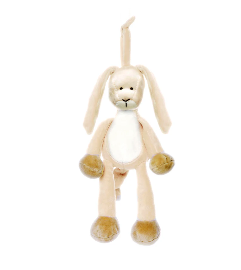 The Tiny Tot Bundles Musical Plush is a light brown bunny with long floppy ears, a white belly, brown paws, and a fabric loop on its head, shown against a white background.