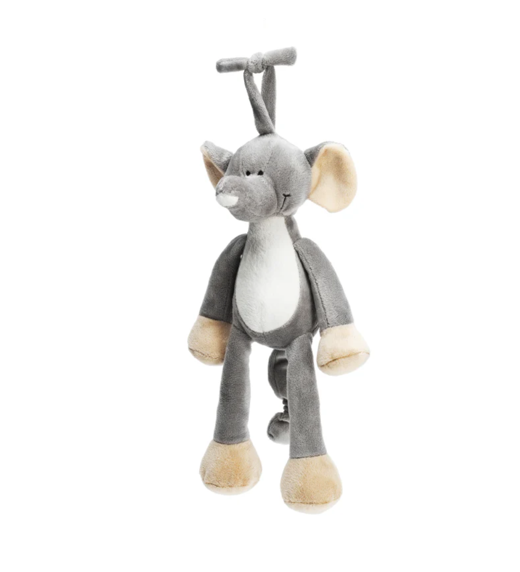 The Tiny Tot Bundles Musical Plush is a gray elephant toy with beige ears, hands, and feet, a white belly, and a fabric loop on its head, shown hanging against a plain white background.