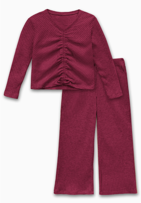 The Tiny Tot Bundles Girl's Ruched Top Pant Set features a ribbed maroon long-sleeve ruched-front top and wide-leg pants, shown on a white background.