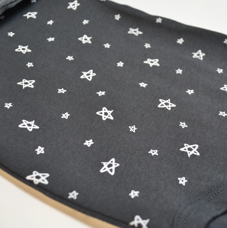 A close-up of the Hello Happy Bubble Trio by Lollipop Dreams shows dark gray fabric with a pattern of small, white outlined stars scattered across the surface.