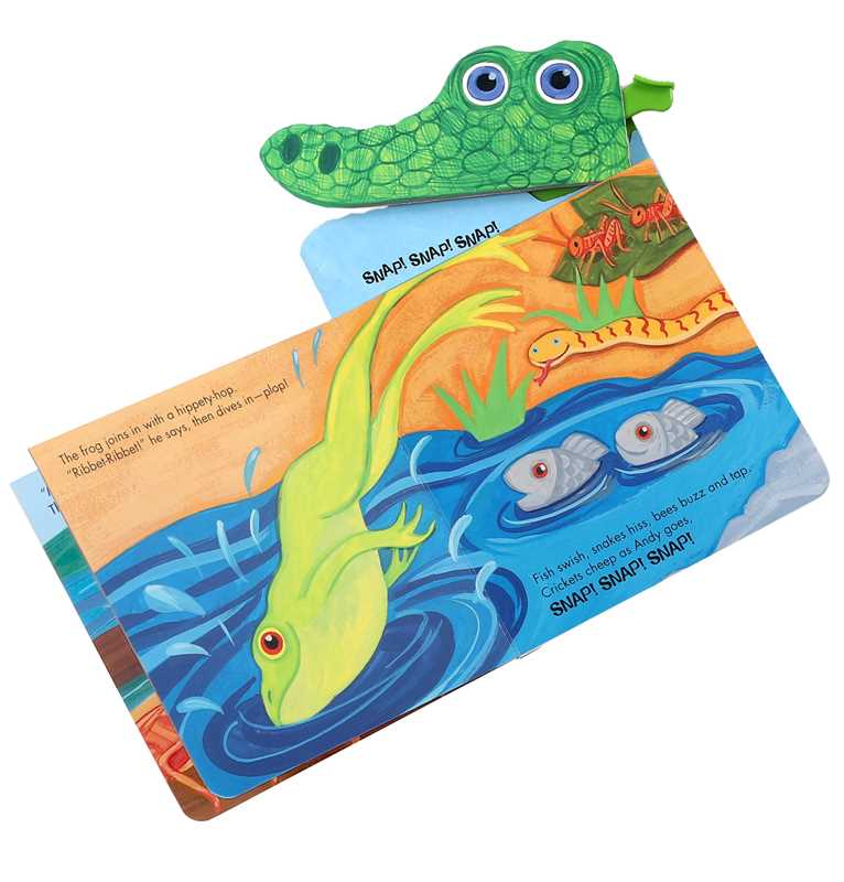 The Andy Alligator Book by Simon & Schuster features a green frog jumping into a blue pond, a snake on the bank, three big-eyed fish in the water, and a green crocodile puppet with “SNAP! SNAP! SNAP!” at the top.