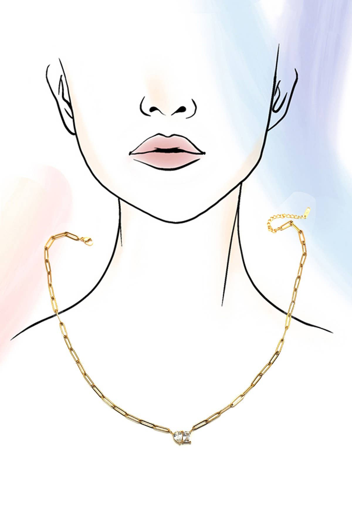 Illustration of a woman’s lower face and neck wearing the Gold Rhin Necklace by JOSSLYN by wall to wall, featuring a small pendant, set against a pastel-colored background.