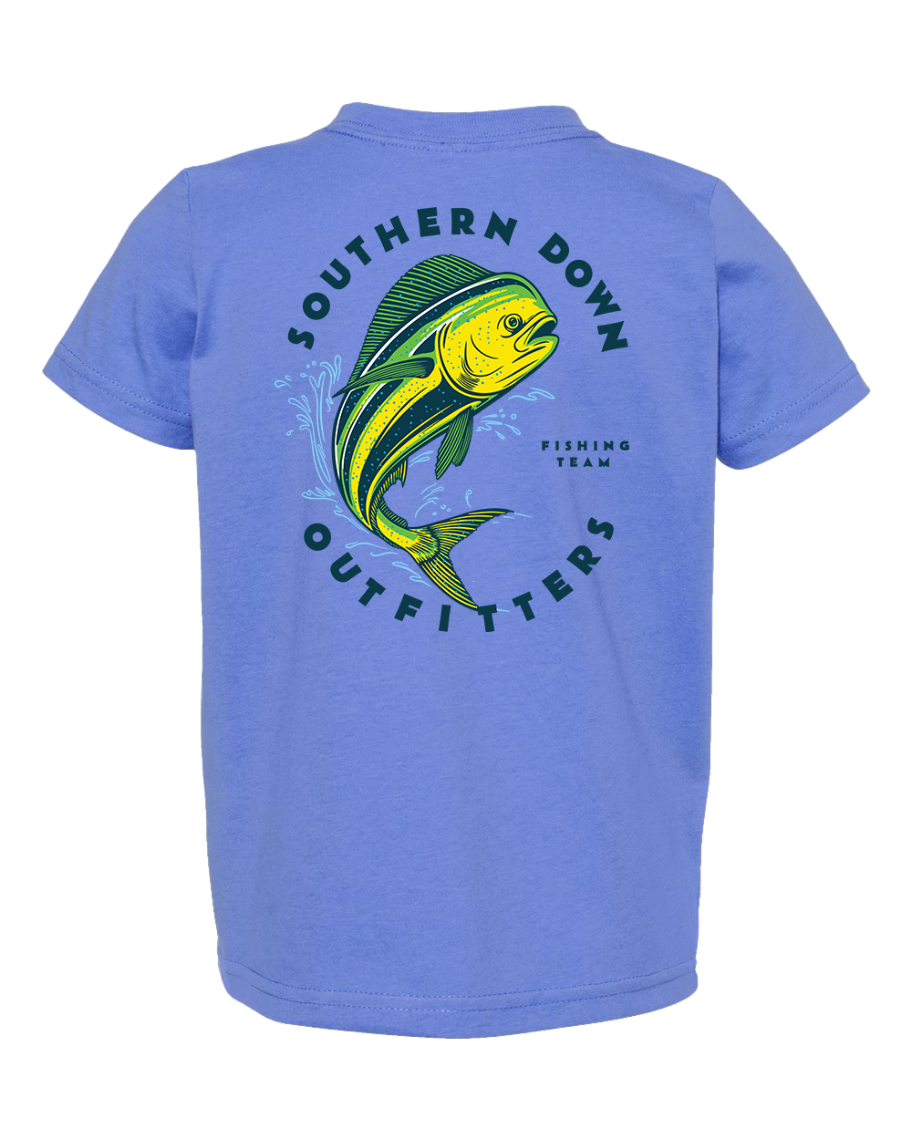The Classic Mahi Toddler Tee by Southern Down Outfitters features a light blue design with a yellow and green fish graphic and "Southern Down Outfitters Fishing Team" text on the back.