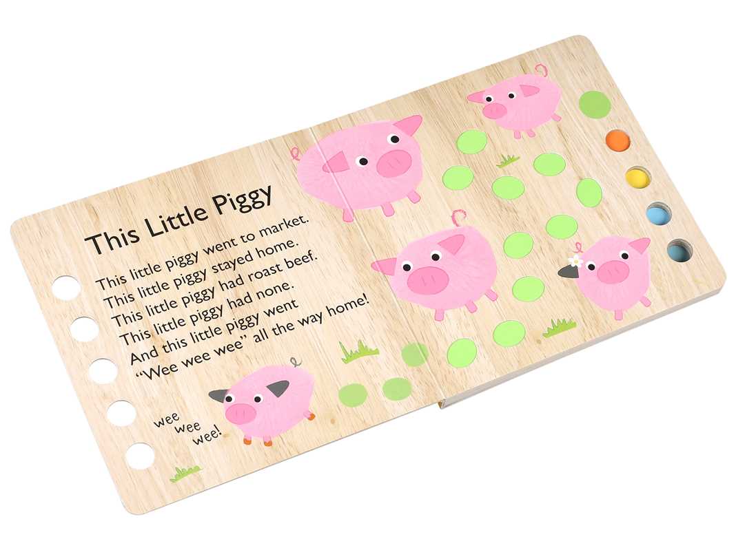 The Simon & Schuster This Little Piggy Book features five pink cartoon pigs, the classic rhyme, and interactive holes with colored pegs for counting or finger play.