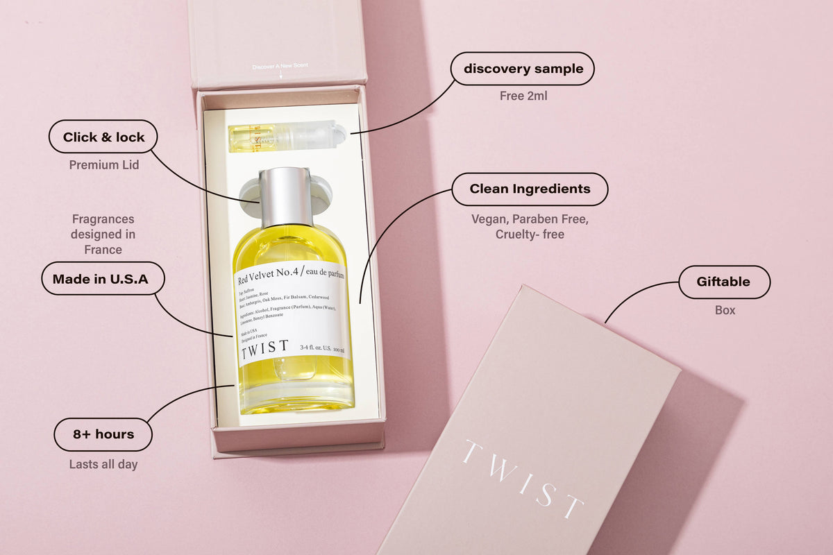 A boxed Red Velvet No. 4 Perfume by House of Twist is displayed on a pink background, showcasing labeled features: click & lock lid, made in USA, long-lasting scent (8+ hours), discovery sample, clean ingredients, vegan formula, and a giftable box.