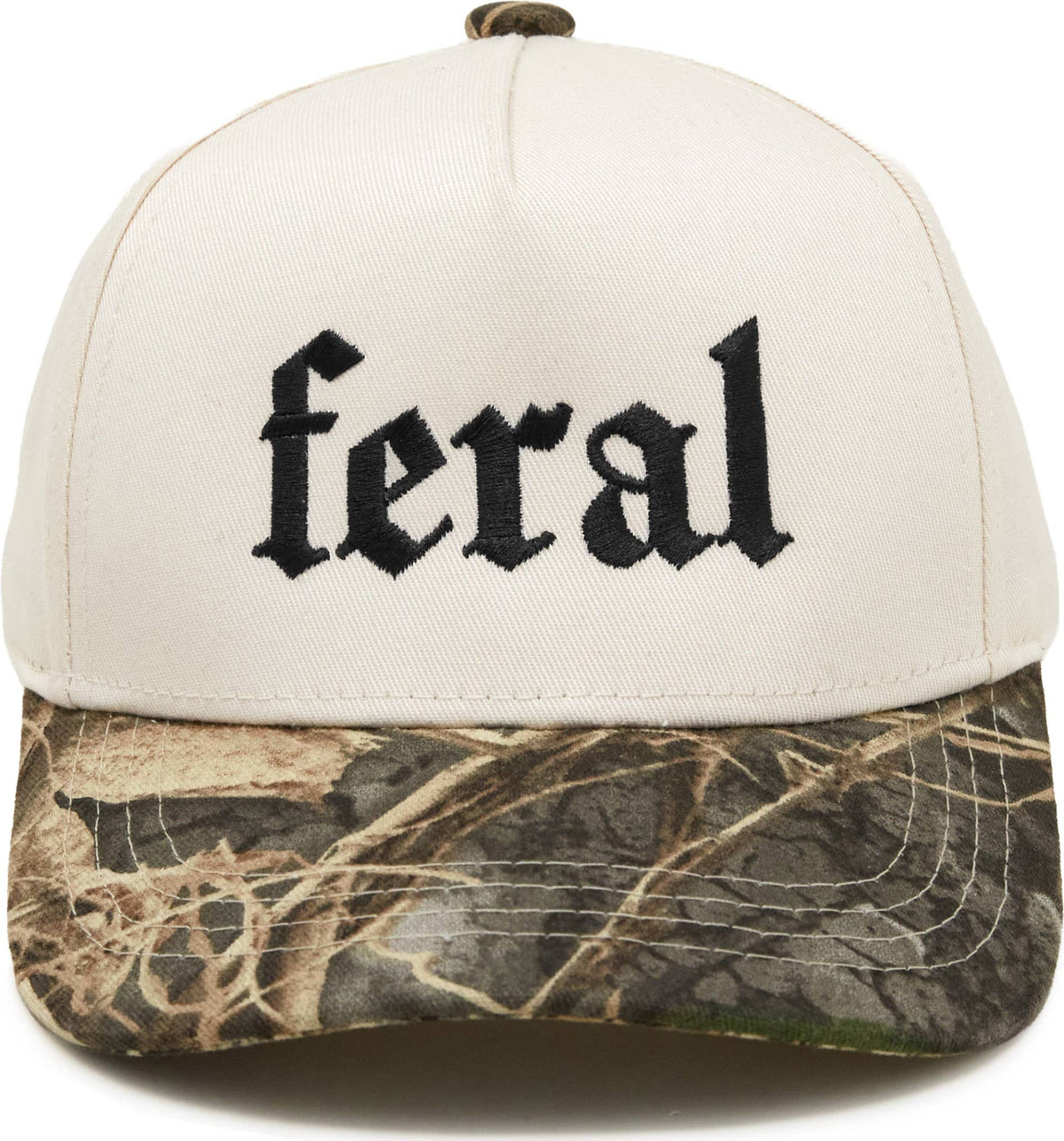 Off-white Feral 2-Tone Hat with the word feral embroidered in black gothic lettering on the front and a camouflage-patterned brim.