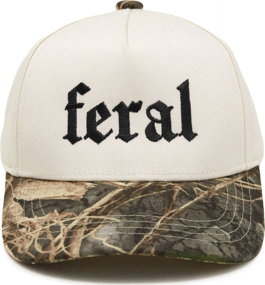 Off-white Feral 2-Tone Hat with the word feral embroidered in black gothic lettering on the front and a camouflage-patterned brim.