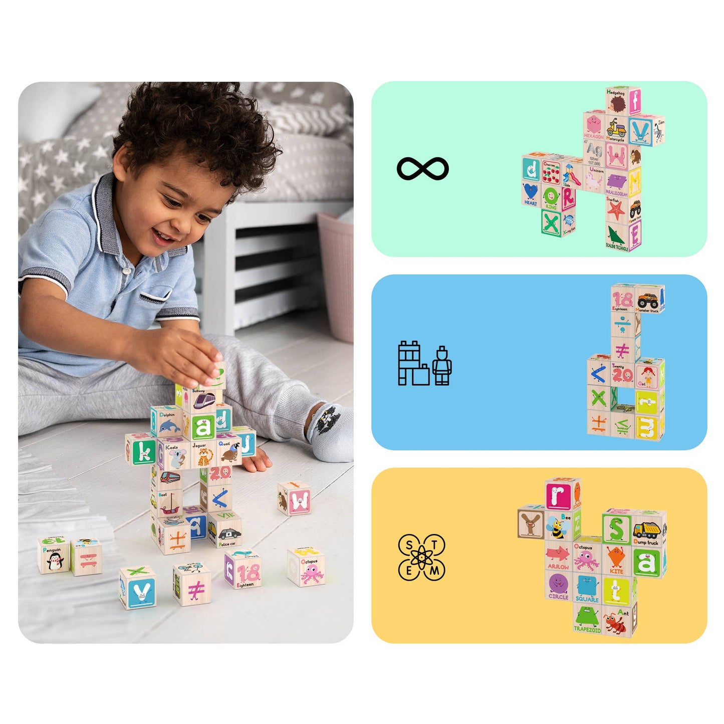 A young child plays with PicassoTiles 36pc 1" Magnetic Cubes Set by PicassoTiles, with colorful cubes creatively stacked on pastel backgrounds featuring infinity, building block, and bee symbols.
