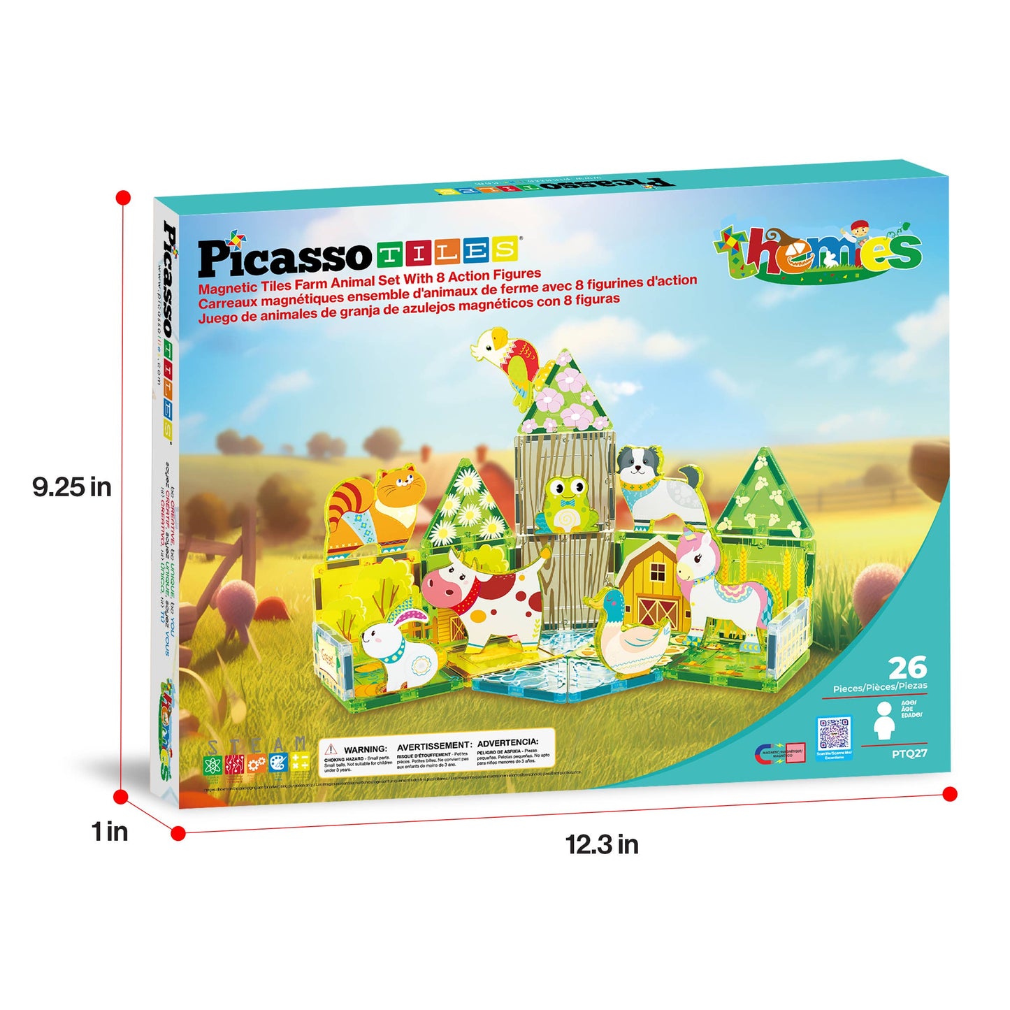 A box of PicassoTiles 26pc Magnetic Tile Farm Theme Toy Set PTQ27 by PicassoTiles features colorful magnetic tiles and animal figures in a farm scene. The box measures 9.25 x 12.3 x 1 inches and includes 26 pieces.