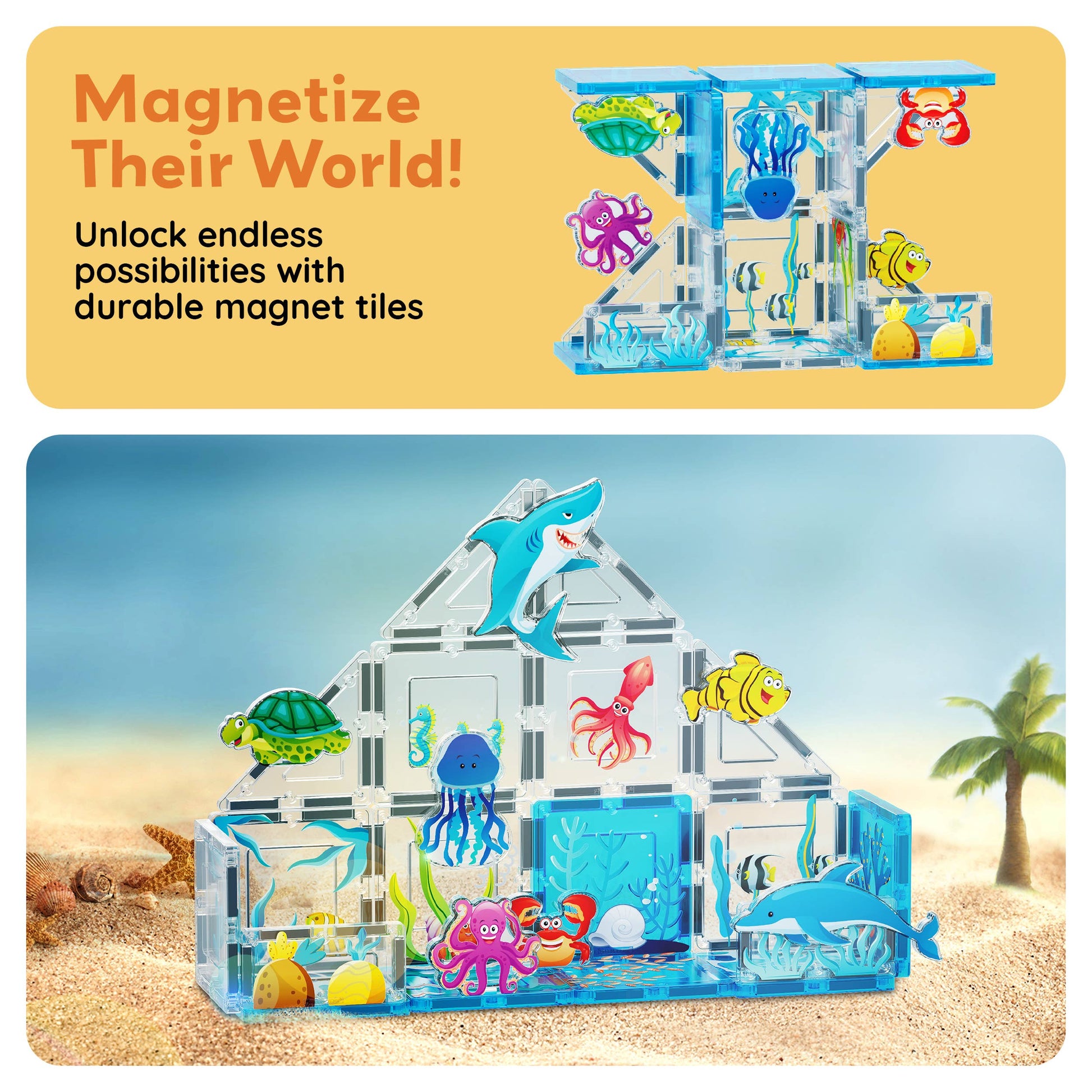 PicassoTiles 26 Piece Marine World Magnetic Building Set by PicassoTiles features magnetic tiles in house shapes with sea creature stickers—dolphin, turtle, octopus, crab—on a sandy beach. Text: Magnetize Their World!.