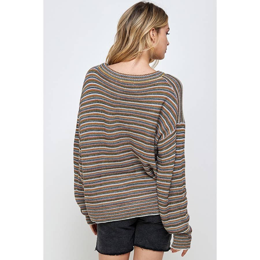 Back view of a person wearing a Sweet Generis Multi Color Stripe Pullover Sweater, featuring long sleeves and thin multicolored horizontal stripes.