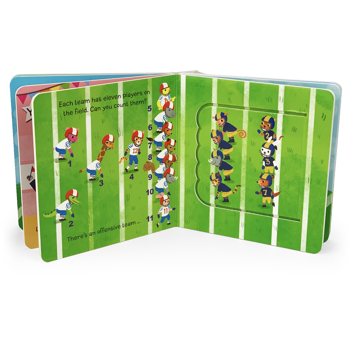 A page from the “Let’s Play Football Lift-a-Flap Sports Board Book” by Cottage Door Press features cartoon football players in blue and red uniforms numbered 1 to 11 on a vibrant green field, encouraging little readers to count all eleven players—making it an ideal board book for toddlers who love sports.