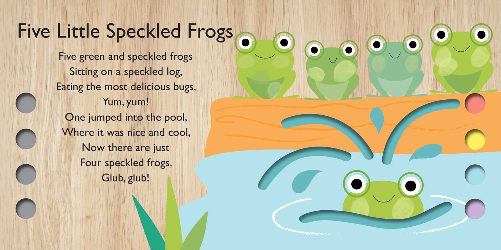 An illustration from the Mary Had a Little Lamb Book by Simon & Schuster shows five green speckled frogs on a log above a pond, one jumping into the water. The rhyme’s lyrics are on the left and four colored holes appear on the right.