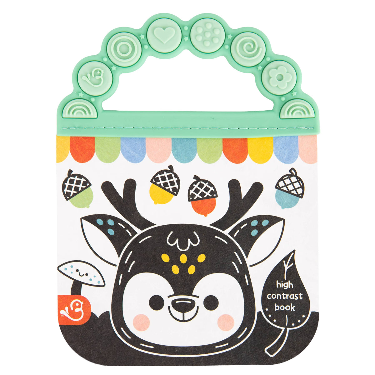 The “Look, Look, Baby! Outdoor Galore - Tuffy High-Contrast Book” by Cottage Door Press is an indestructible baby teether book featuring a mint green textured handle and a charming deer illustration on the cover, adorned with acorns, mushrooms, and a vibrant banner. Designed to encourage sensory development, the cover prominently displays the words “high contrast book.”.