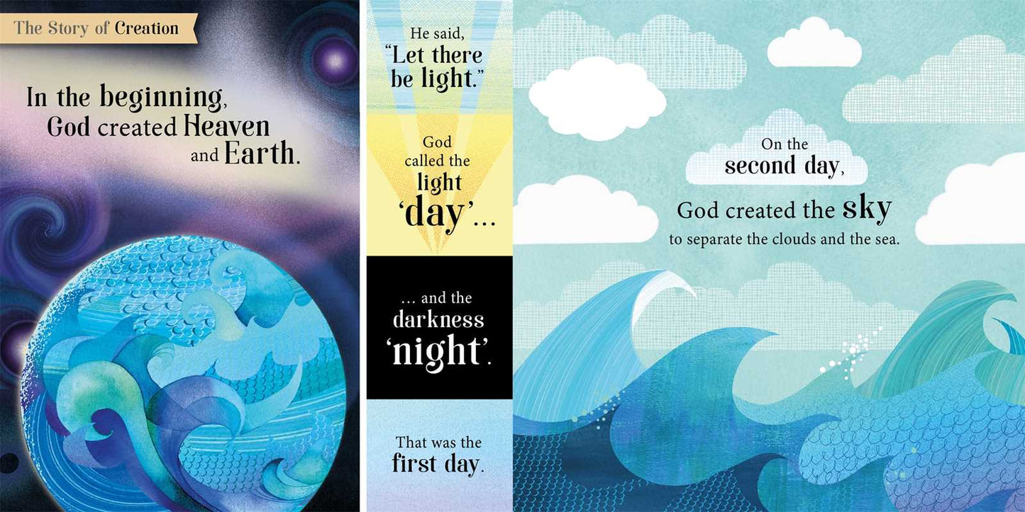 The "My First Bible Stories Book" by Simon & Schuster features illustrated pages depicting creation, with swirling blue earth and waves for Heaven and Earth, and sky, clouds, and ocean waves for the second day.