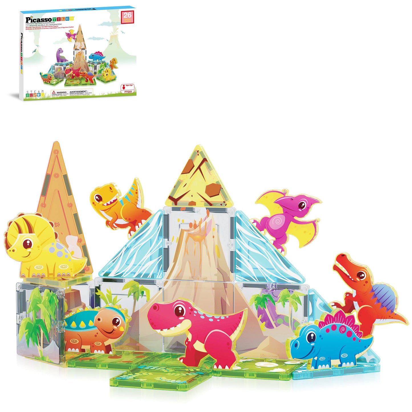 The PicassoTiles 26pc Dino Theme Magnetic Tile Building Set features colorful magnetic tiles that create a volcano scene with cartoon dinosaurs. The toy box in the upper left corner shows the assembled playset and PicassoTiles branding.