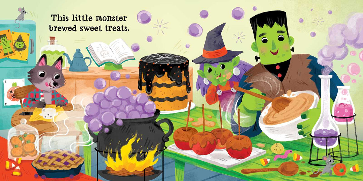 A cat, a witch, and a Frankenstein monster bake treats in a vibrant kitchen brimming with bubbling potions, candied apples, pies, and sweets. Text reads: This Little Monster by Dori Elys from Simon & Schuster brewed sweet treats.