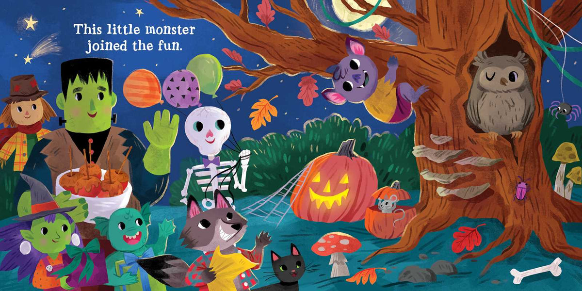 A festive and colorful Halloween scene from Simon & Schuster’s “This Little Monster” by Dori Elys features a group of friendly monsters and animals in costumes gathered around a tree with an owl, pumpkins, and stars in the background.