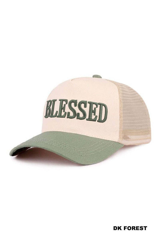 A beige and green Blessed Two Tone Mesh Snapback Hat by 42POPS, featuring a mesh back and the word “BLESSED” in bold green letters on the front, with “DK FOREST” written in small text in the bottom right corner.