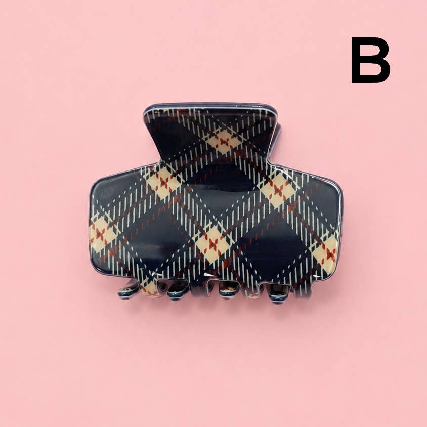 Striped & Plaid Hair Claw Clip in navy blue with a tan and red plaid pattern.