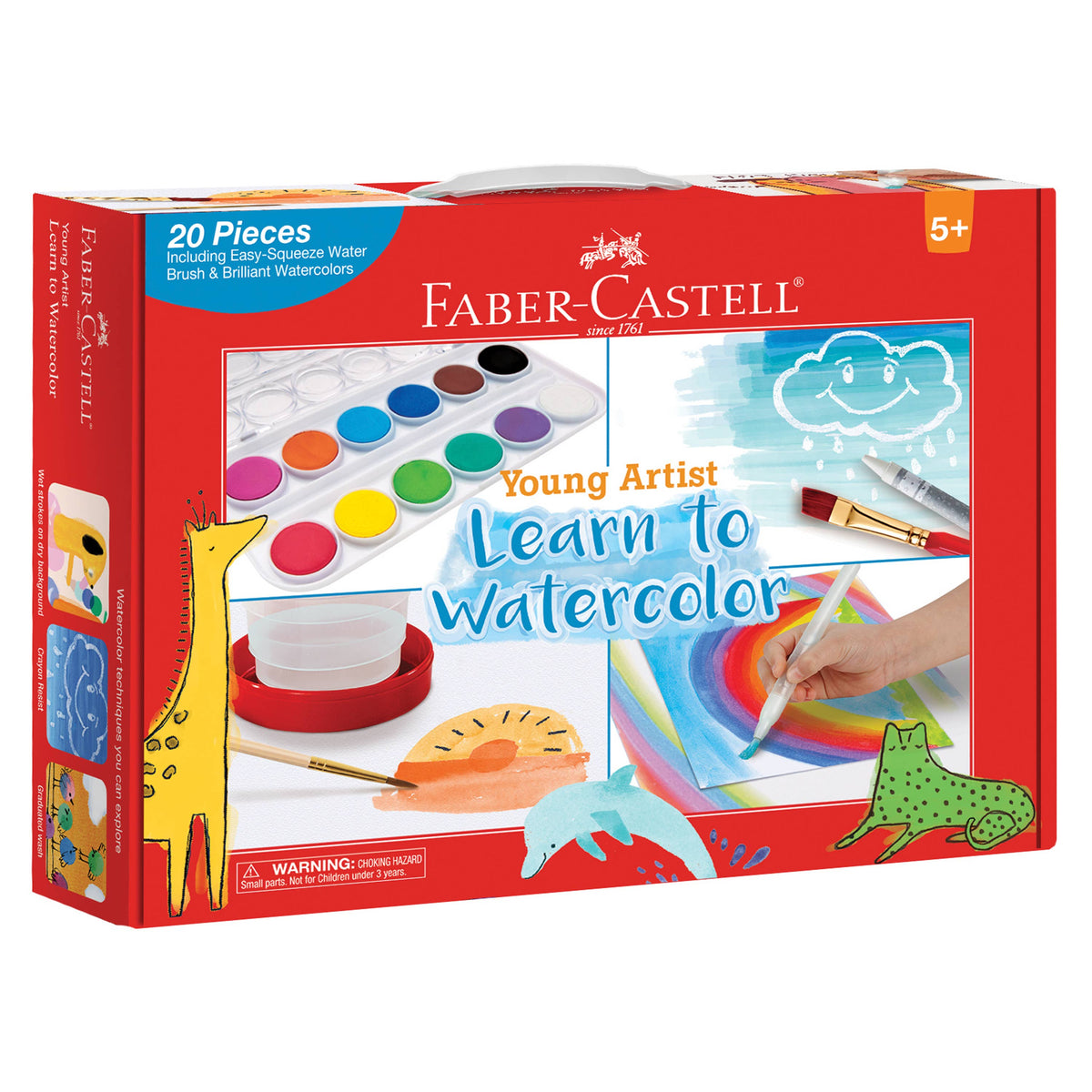The Faber-Castell / Creativity for Kids Young Artist Learn to Watercolor Art Set for Kids is designed for children ages 5 and up, and includes paints, a brush, and a vibrant box adorned with animal illustrations—an ideal way to introduce young artists to fun watercolor techniques.