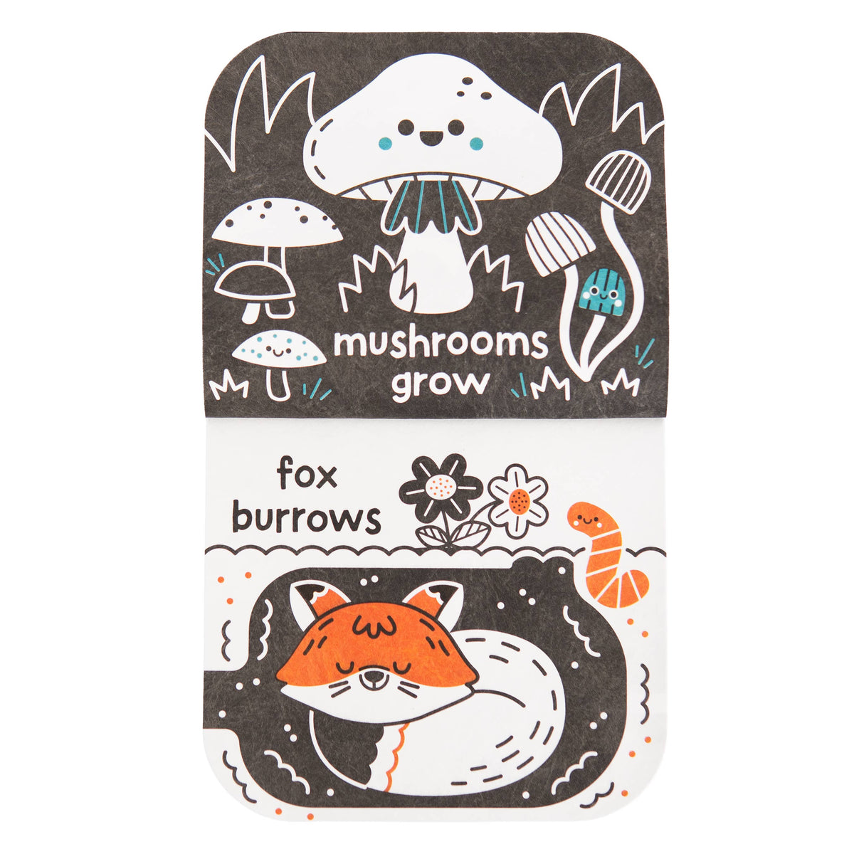 Sure! Here’s a rewrite using the provided product data: This enchanting scene from the Cottage Door Press book *Look, Look, Baby! Outdoor Galore - Tuffy High-Contrast Book* features an illustration of mushrooms with the text “mushrooms grow on top,” while underground, a fox sleeps with a worm and the words “fox burrows below.” Surrounded by flowers and plants, this durable book is perfect for sensory development or use as a baby teether book.