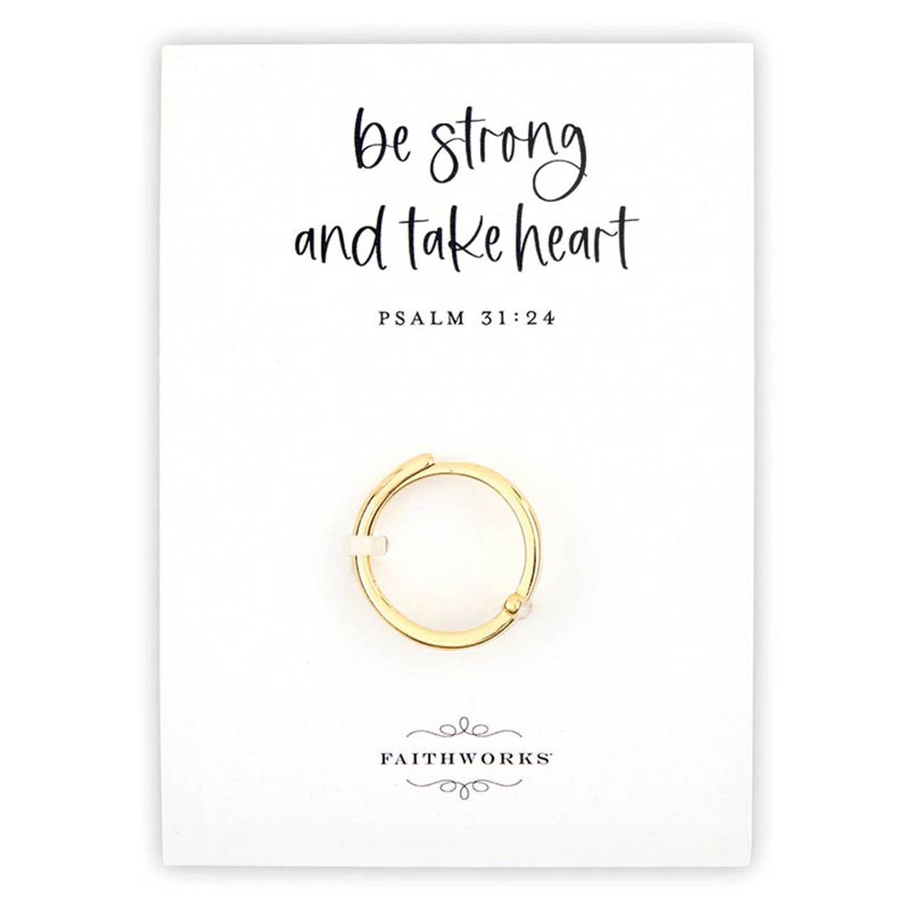 A beautiful Mother of Pearl cross-filled key ring from Faithworks by Creative Brands, attached to a card that reads “Be strong and take heart, Psalm 31:24,” with FAITHWORKS printed at the bottom.
