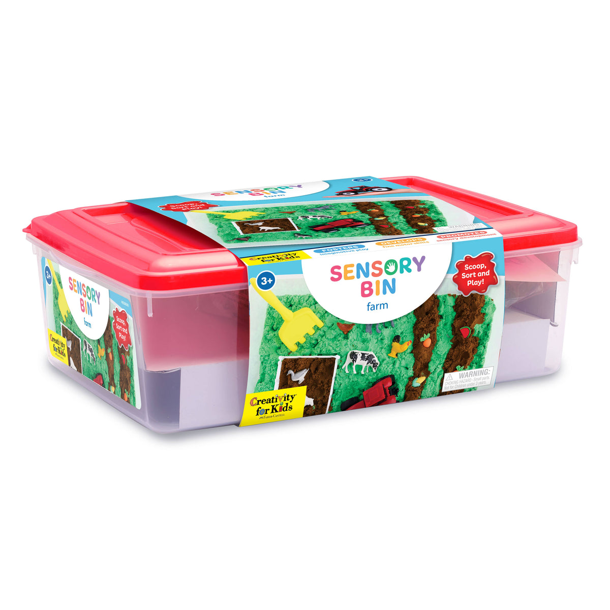 A clear sensory bin with a red lid labeled Sensory Bin Farm Activity Kit for Kids by Faber-Castell / Creativity for Kids features images of farm animals, farm-themed sensory materials, and toys inside. It offers a fun way for children ages 3 and up to develop fine motor skills.