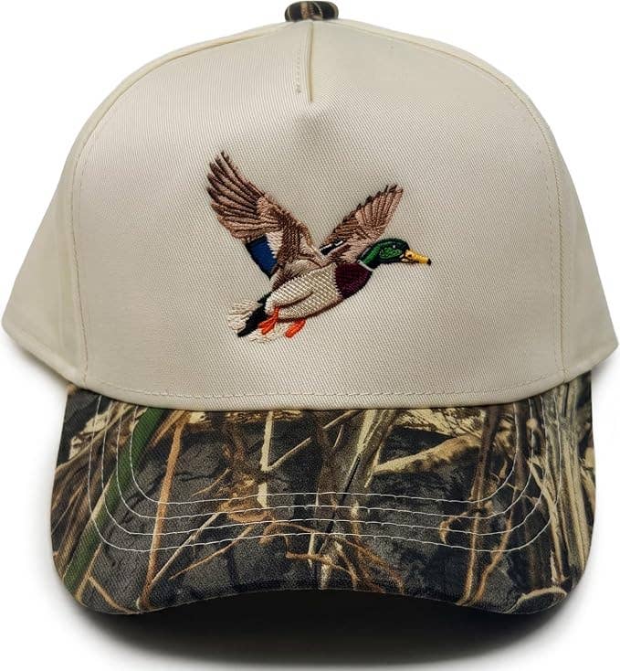 Funky Junque Mallard Duck Vintage Hat in cream with an embroidered mallard duck in flight and a camouflage-patterned brim.
