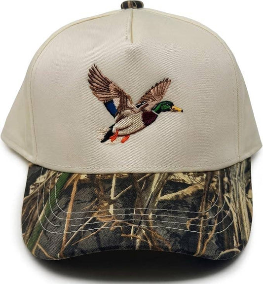 Funky Junque Mallard Duck Vintage Hat in cream with an embroidered mallard duck in flight and a camouflage-patterned brim.
