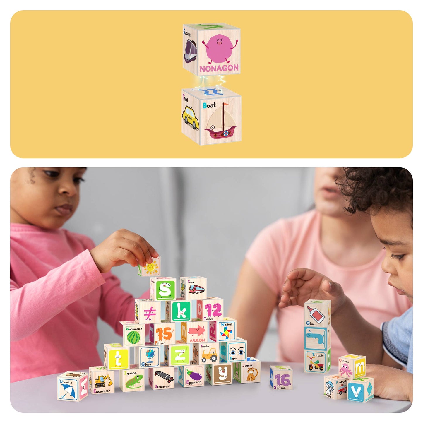 Two images: The top displays PicassoTiles 36pc 1" Magnetic Cubes with colorful pictures and words like "nonagon" and "boat." The bottom shows kids and an adult building a pyramid using the same illustrated cubes by PicassoTiles.