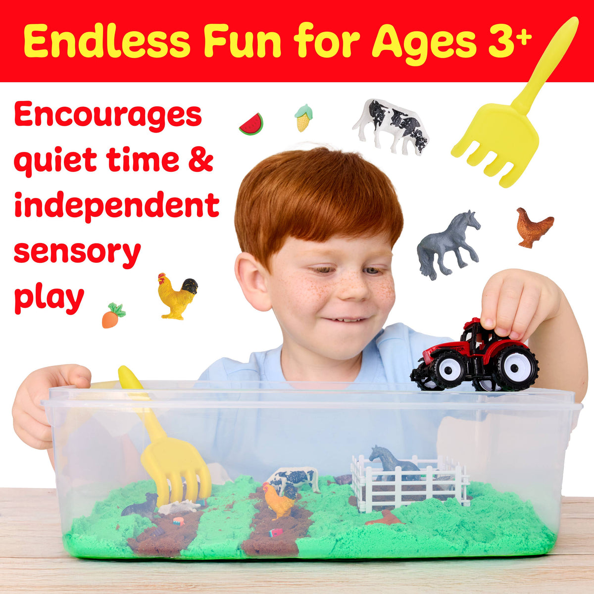 A young child explores the Sensory Bin Farm Activity Kit for Kids by Faber-Castell / Creativity for Kids, featuring colorful sensory sand, animal figures, a toy tractor, and a yellow rake. Text reads: Endless Fun for Ages 3+. Encourages quiet time & independent sensory play while building fine-motor skills.