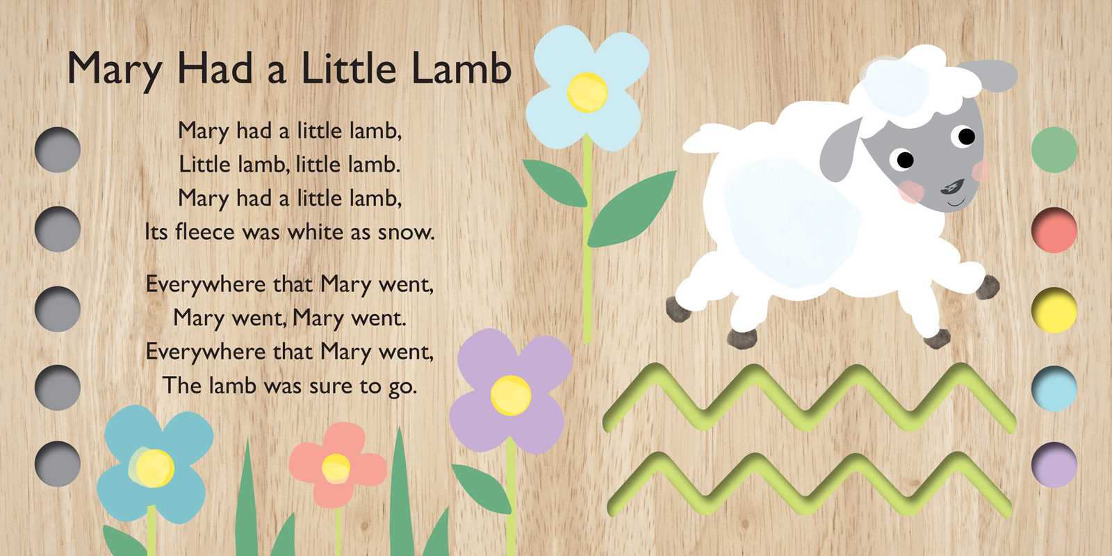 The Mary Had a Little Lamb Book by Simon & Schuster features the classic nursery rhyme, a cheerful white lamb, colorful flowers, raised wooden textures, and interactive holes along both edges for children to explore.