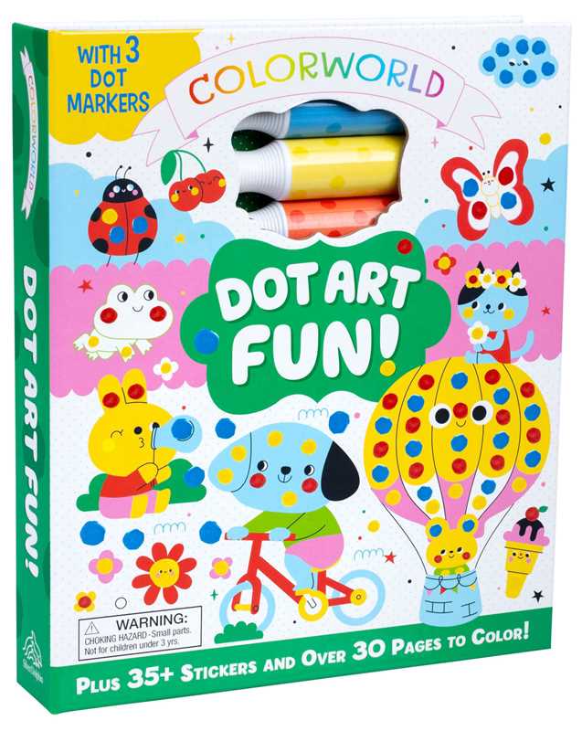 The Simon & Schuster ColorWorld: Dot Art Fun Activity Book features playful animal designs, three dot markers, and highlights stickers and coloring pages on its bright, creative packaging with cartoon characters.