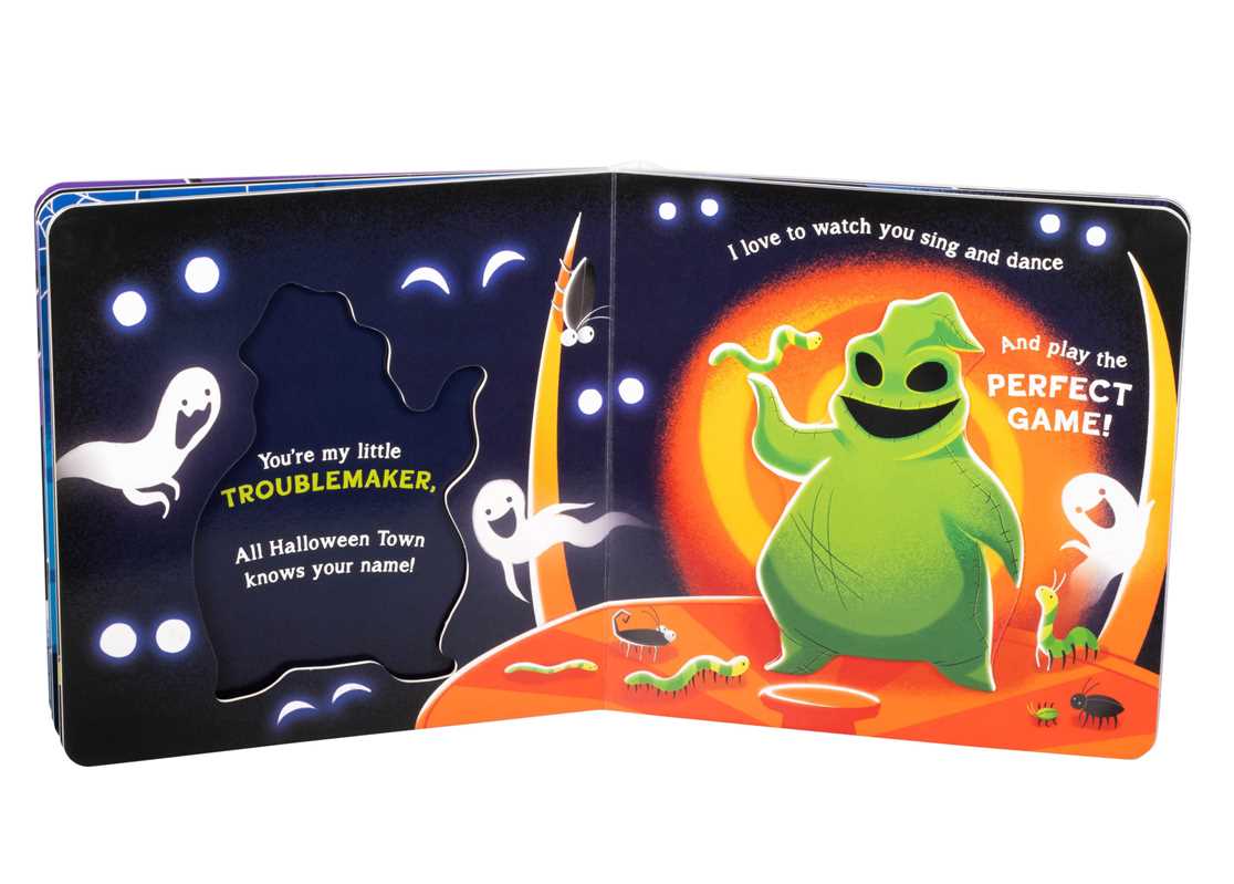 A Halloween-themed spread from You’re My Little Nightmare by Grace Baranowski (Simon & Schuster) features playful ghosts and a green monster surrounded by worms. On the left page, a ghost says “You’re my little troublemaker!” beside a fun cutout, while on the right, the green monster is shown dancing.