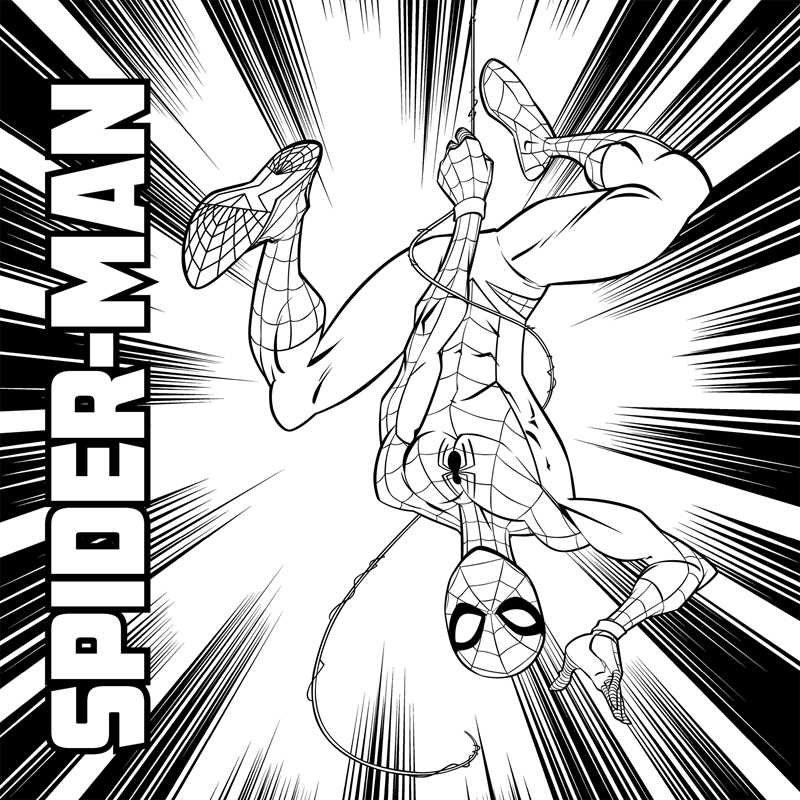 The Marvel Spider-Man Activity Book by Simon & Schuster features a comic-style black and white drawing of Spider-Man swinging on a web with dynamic lines and “SPIDER-MAN” printed vertically along the left side.