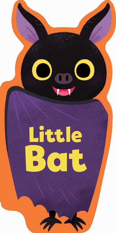 Cartoon illustration of a smiling black bat with large yellow eyes and purple wings, featuring the words “Little Bat” written in yellow on its wings. The image, which has an orange border, is from the book Little Bat by Maggie Fischer by Simon & Schuster.