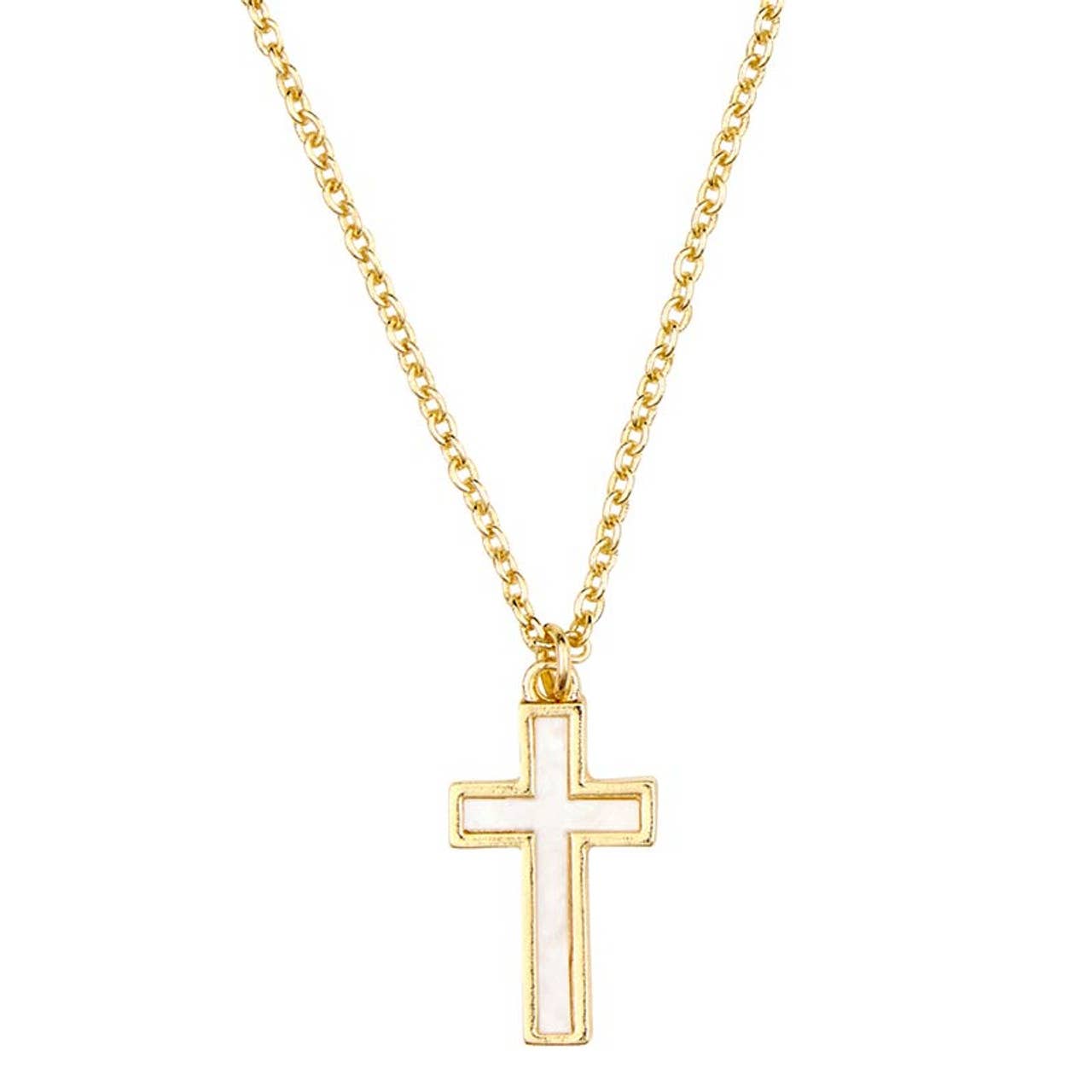Mother of Pearl Cross Filled Display by Faithworks by Creative Brands, featuring a gold chain necklace with a centered gold and white cross pendant, displayed against a white background.
