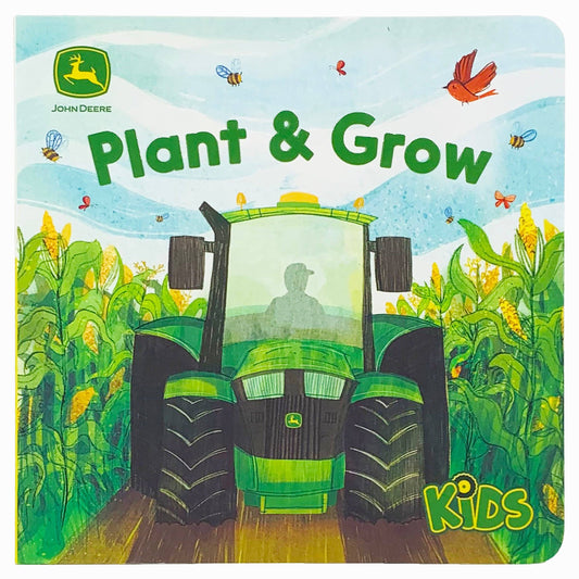 A green John Deere tractor drives through a cornfield while bees, ladybugs, and a bird fly overhead. The cover of the Cottage Door Press John Deere Kids Plant & Grow Farm Lift a Flap Board Book features this charming scene, making it the perfect farm-themed book for children.