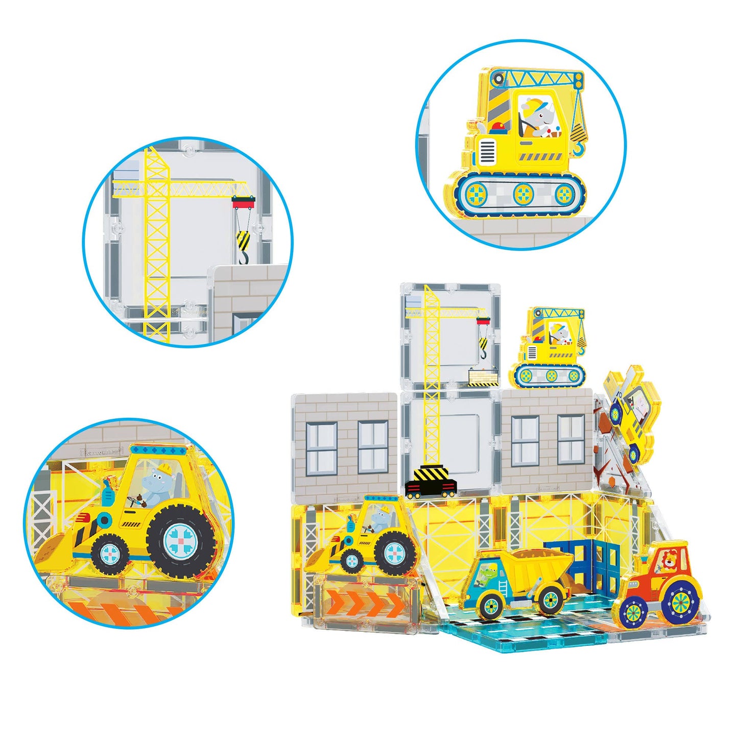 The PicassoTiles 26 Piece Magnetic Building Set Playset by PicassoTiles features yellow construction vehicles like an excavator and dump truck among building structures, with insets highlighting vehicle and construction details.