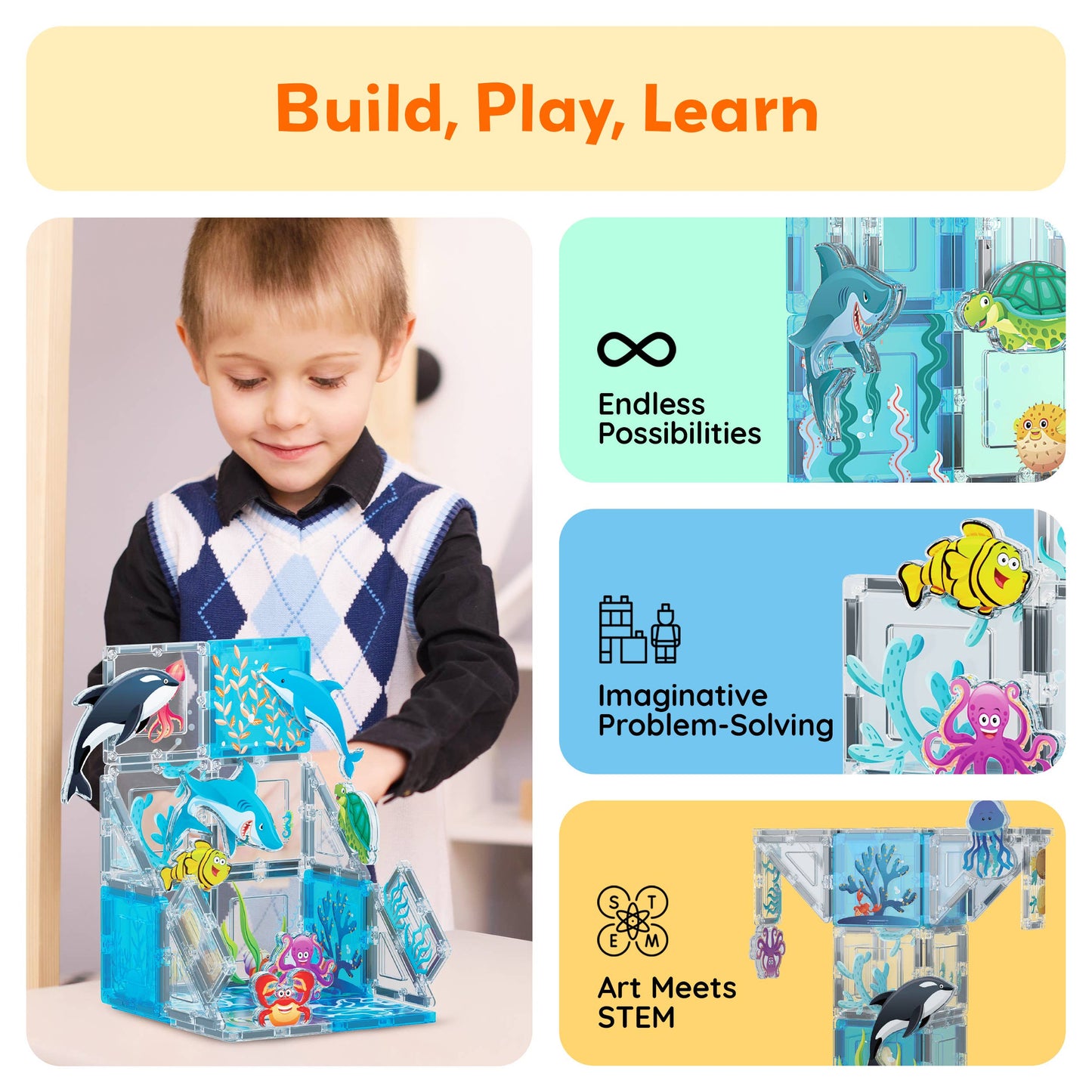 A young boy plays with the PicassoTiles 26 Piece Marine World Magnetic Building Set, featuring clear blocks with sea animals. Text highlights Endless Possibilities, Imaginative Problem-Solving, and Art Meets STEM from PicassoTiles.