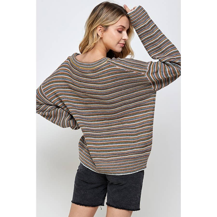 A person wearing a Sweet Generis Multi Color Stripe Pullover Sweater with thin, multi-colored horizontal stripes and dark denim shorts.