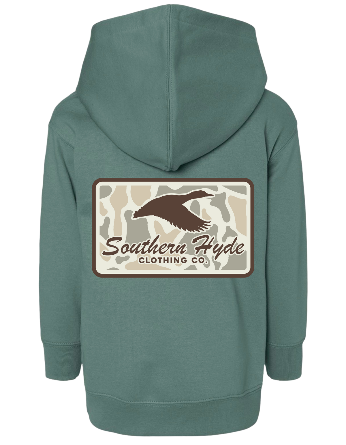 Back view of a green Camo Skies Green Hoodie featuring a rectangular graphic with a camouflage background, a brown duck silhouette, and the text Southern Hyde Clothing Co.