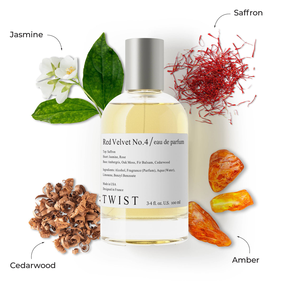 A bottle of House of Twist’s Red Velvet No. 4 Perfume is showcased, encircled by labeled images of jasmine flower, saffron threads, amber stones, and cedarwood pieces. Arrows and text call out each ingredient, emphasizing the sophistication and long-lasting appeal of this unisex fragrance experience.