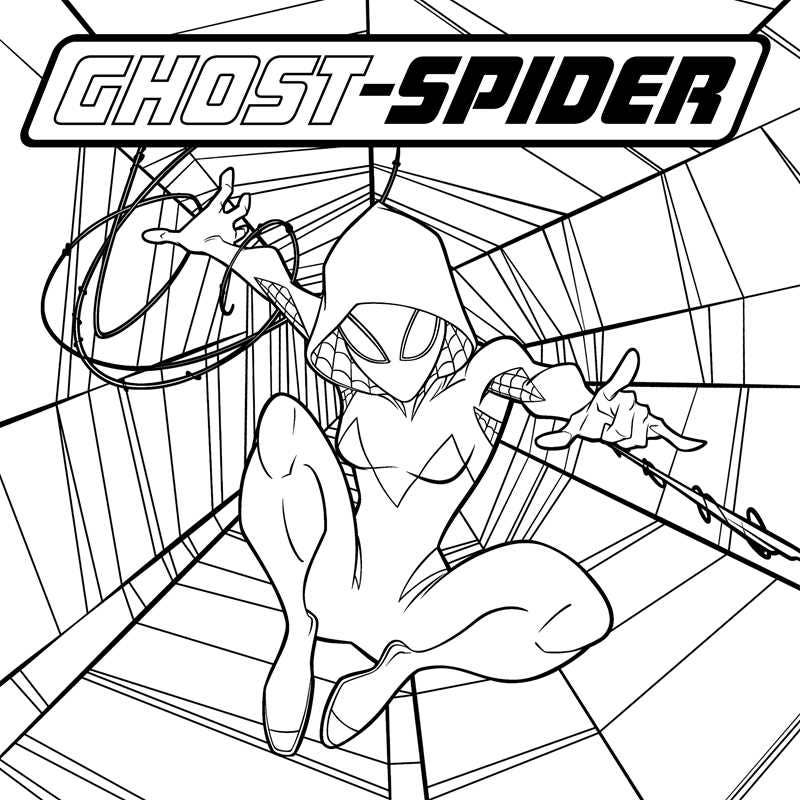 Line art of Ghost-Spider crouched in a web, wearing her hooded costume and mask. "GHOST-SPIDER" is boldly displayed at the top. Featured in the Marvel Spider-Man Activity Book by Simon & Schuster.