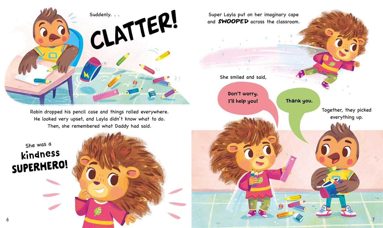 Two illustrated hedgehogs feature in the Simon & Schuster book "Kindness Stories: 5-Minute Tales": one spills a pencil case, and the other, wearing a cape, swoops in to help clean up with kindness and a smile.