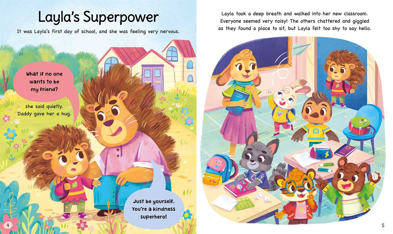 In Kindness Stories: 5-Minute Tales from Simon & Schuster, a shy lion cub named Layla hesitates at her school’s door, holding her dad's hand, while animal classmates play and chat inside the cheerful classroom.