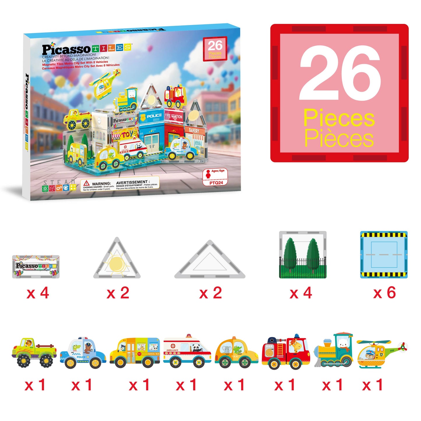 The image shows the PicassoTiles 26pc City Theme Magnetic Tile Building Set box, a red square marked with "26 Pieces," various magnetic blocks, and 8 illustrated vehicle toys from the PicassoTiles brand displayed below.