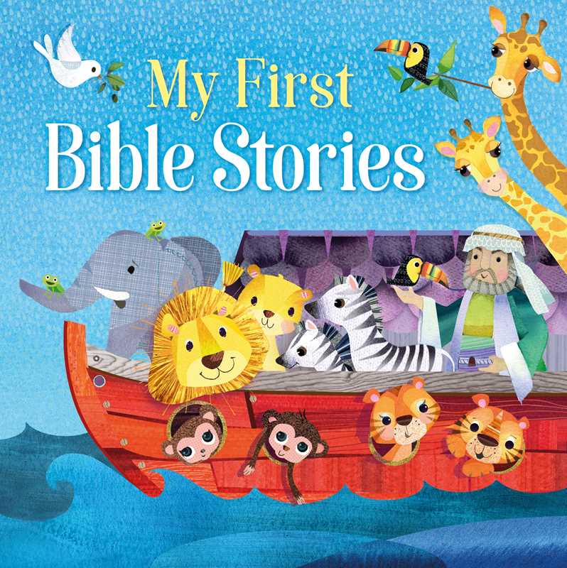 An illustration from Simon & Schuster’s My First Bible Stories Book shows Noah with smiling animals—lion, elephant, zebra, giraffe, monkey, and birds. Above them, a dove bearing an olive branch flies near the book title.